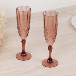 6-Pack Transparent Plastic Champagne Glasses 8oz, Crystal Cut Style Dusty Rose - Shatterproof Wedding Toast Flutes
