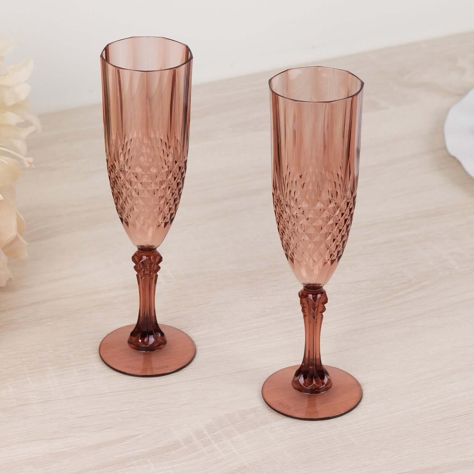 6-Pack Transparent Plastic Champagne Glasses 8oz, Crystal Cut Style Dusty Rose - Shatterproof Wedding Toast Flutes